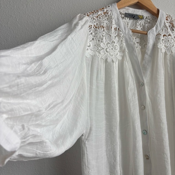 Figueroa & Flower White Drapey Elegant Lace Button Down 3/4 Sleeve Blouse - Picture 4 of 11